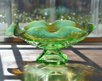 Antique Jefferson Glass Shells and Dots Green Opalescent Glass Bowl, Beads and Fans Green Whimsy Bowl Candy Dish, Gift for Her