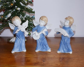 Set of 3 Blue White Porcelain Angels with Instruments, 6 Inch Blue White Angel Orchestra Figurines, Ceramic Christmas Holiday Decor