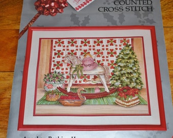 Folk Art Christmas Counted Cross Stitch Kit, Angel on Rocking Horse Christmas Tree Red Green Quilt by Debra Jordan Meyer 18" x 14"