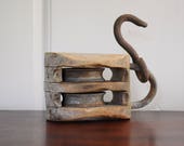 Large Antique Pulley, Weathered 1800s Barn Pulley Wood Iron Double Rope Pulley Block and Tackle Rustic Nautical Industrial Farmhouse Bookend