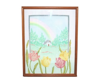 Framed Completed Floral Cross Stitch Wall Art, Grandmillenial 16x20 Oak Frame, Spring Tulips Pastel Rainbow Needlework Embroidery Picture