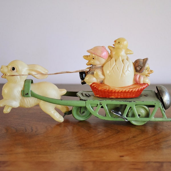 Celluloid and Tin Wind-Up Easter Toy, Easter on Parade Easter Bunny and Ducks on Metal Sleigh, Easter Mechanical Toy