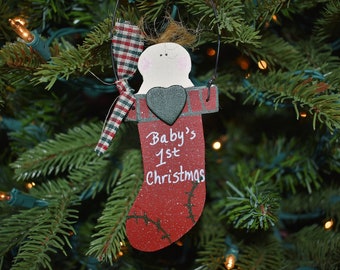 Baby's First Christmas Ornament, Handmade Painted Wood Stocking Baby's 1st Christmas Ornament, Country Farmhouse Baby Christmas Gift Topper