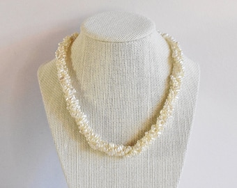 3 Strand Freshwater Pearl Necklace, White 3 Strand Twisted Freshwater Pearl Bead Necklace, Multi Strand White Necklace