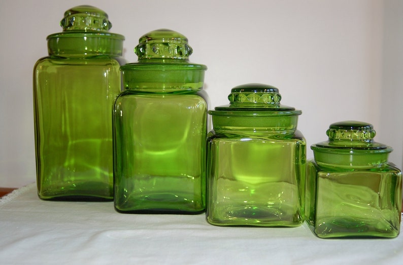 LE Smith 4 Piece Square Green Glass Lidded Canister Set Etsy