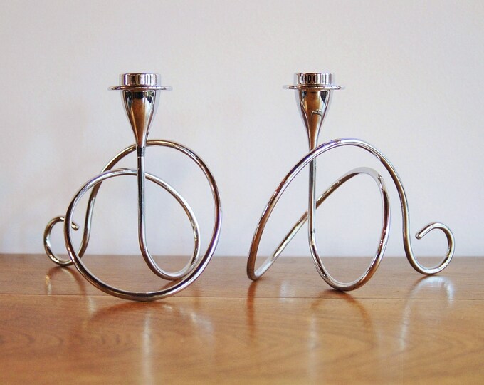2 Black Blum Chrome Loop Candle Holders, Set of Two Mod Minimalist