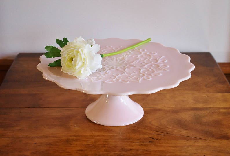 Fenton Spanish Lace Pink Milk Glass Cake Stand 1950s Blush Rose Pastel Wedding Dish Cupcake Bridal Gift For Her