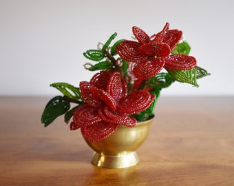 French Bead Chrysanthemums in Brass Pot, Red Glass Seed Bead Flowers Beach Rose, Floral Arrangement Artificial Bonsai Plant