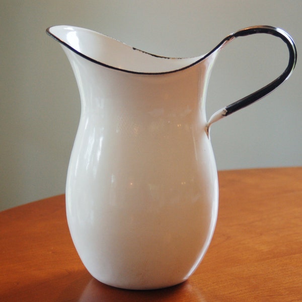 Large Duck Billed Enamelware Milk Pitcher, Collectible White Black Enamelware, Farmhouse, Shabby Chic Vase