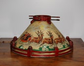 NOMA Christmas Tree Stand, Collectible Lithographed Tin Metal Santa Sleigh Reindeer Stand, Circa 1930s Light Up Tree Stand
