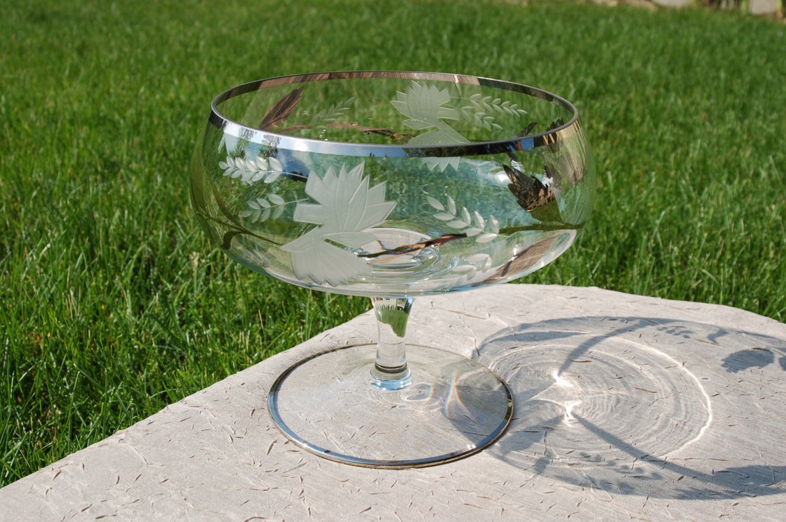 Art Deco Crystal Bowl Etched Glass Bowl with Silver Accents Etsy