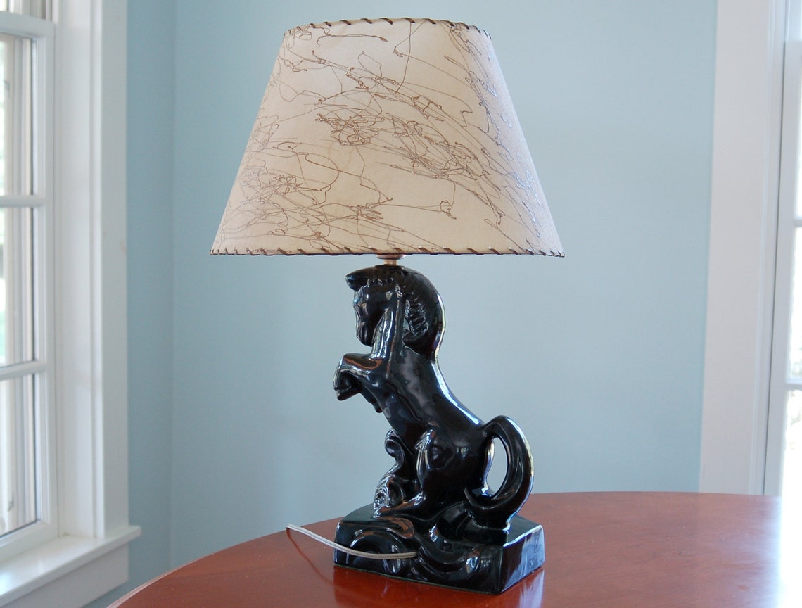 Black Ceramic Horse Lamp Fiberglass Shade Art Deco Mid Etsy