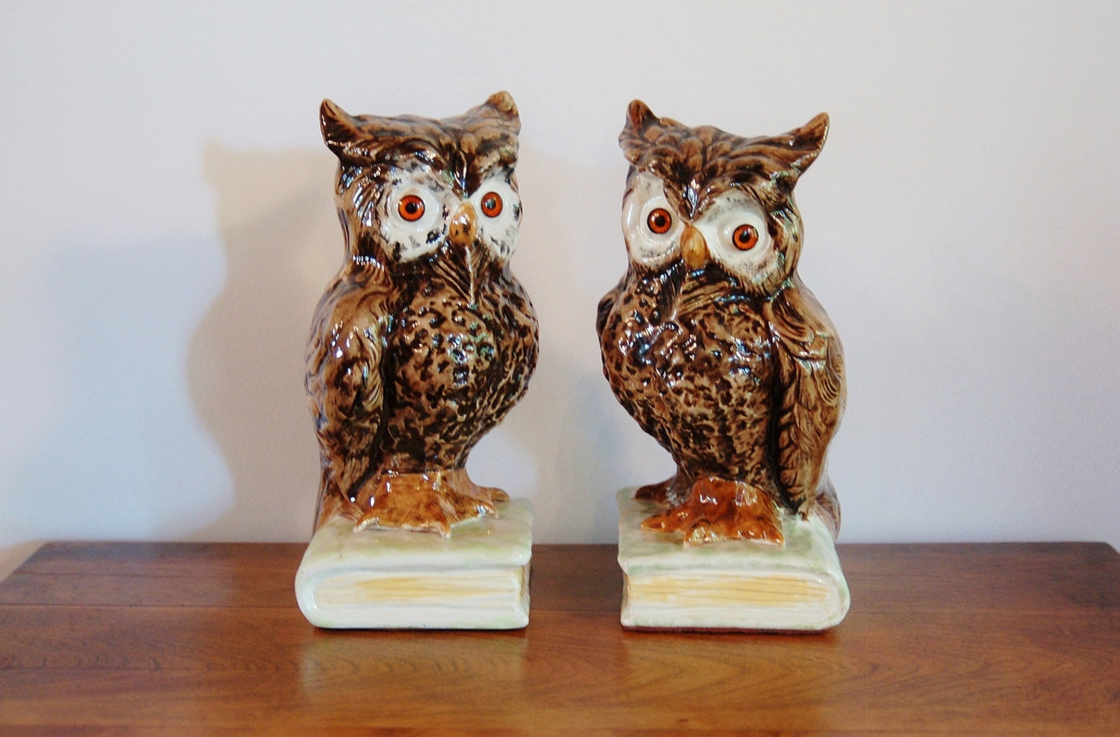 Ceramic Owl Bookends Pair Large Brown Owls on Green Books Etsy