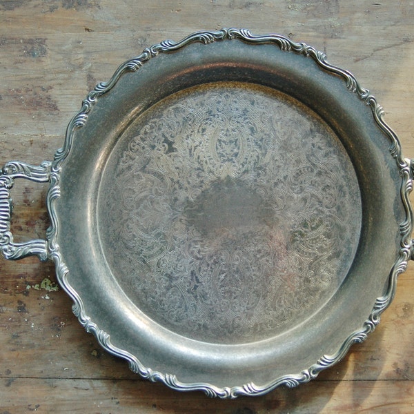 Round Silver Tray, Silver Serving Platter with Patina, Oneida Silver Plate Butler's Tray with Handles, Cottage Chic Home Decor, Wedding