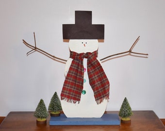 Handmade Folk Art Painted Wood Snowman, 16 Inch Hand-Painted Snowman with Fabric Scarf, Farmhouse Winter Home Shelf Table Decor