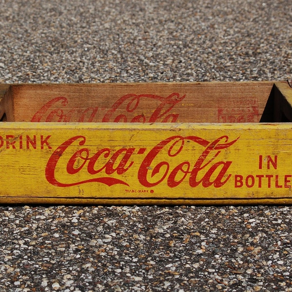 Coca Cola Wood Crate, Yellow Red Coca Cola Crate, Rustic Wooden Crate, Collectible Coke Beverage Advertising, Coke Bottle Carrier, Soda Pop