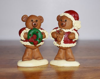 Salt Dough Santa and Mrs. Claus Bears, Pair of Handmade Clay Christmas Bears, Cute Bread Dough Holiday Teddy Bear Decor