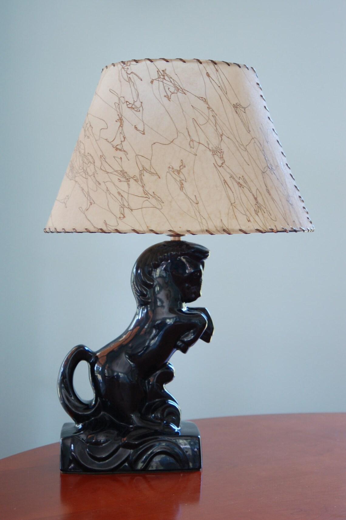 Black Ceramic Horse Lamp Fiberglass Shade Art Deco Mid Etsy