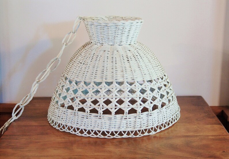 White Wicker Hanging Pendant Lamp Mid Century Boho Rattan