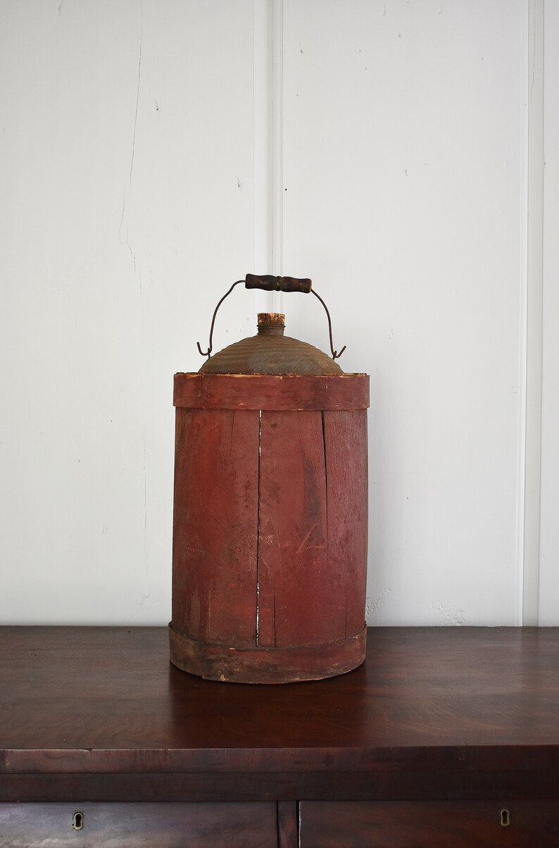 Antique Wood Wrapped Metal Can Barn Red Wood Clad Cone Top Etsy