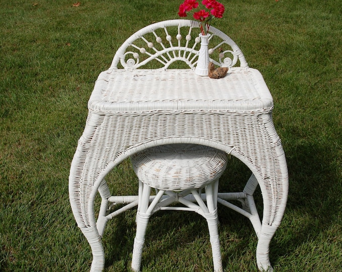 Antique Wicker Dressing Table and Stool, Wicker Vanity Table, Wicker