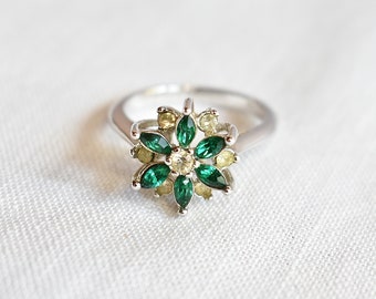 Vintage Emerald Crystal and Cubic Zirconia 18K White Gold Electroplated Ring, Green Christmas Cocktail Ring, Size 7