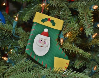 Polymer Clay Santa Stocking Christmas Tree Ornament, Red Green Gold Cute Stocking Ornament, Holiday Decor