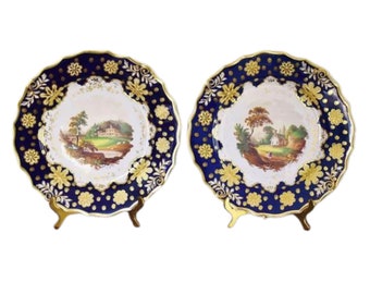 Pair Antique Cobalt Gilt Floral Starburst English Cabinet Plates Hand Painted Country Scene Display Plate Pattern 176 Sevres Minton Coalport