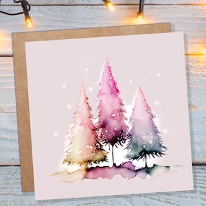 Alberi acquerellati disordinati Biglietto di Natale Moderno ed elegante Abete Luci fatate Arcobaleno Dipinto Biglietti di auguri per la famiglia Amici Natale 2025