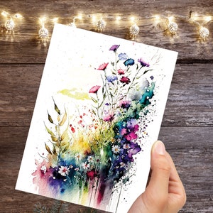 Tarjeta de flores de acuarela Tarjetas de cumpleaños de la naturaleza Tarjeta de flores de verano Tarjeta de saludos florales de prado de verano Notas de agradecimiento Hola primavera