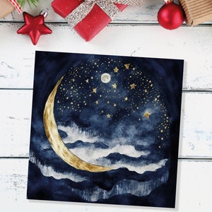 May include: A watercolour painting of a crescent moon with gold accents against a dark blue night sky with gold stars. The moon is surrounded by white clouds.