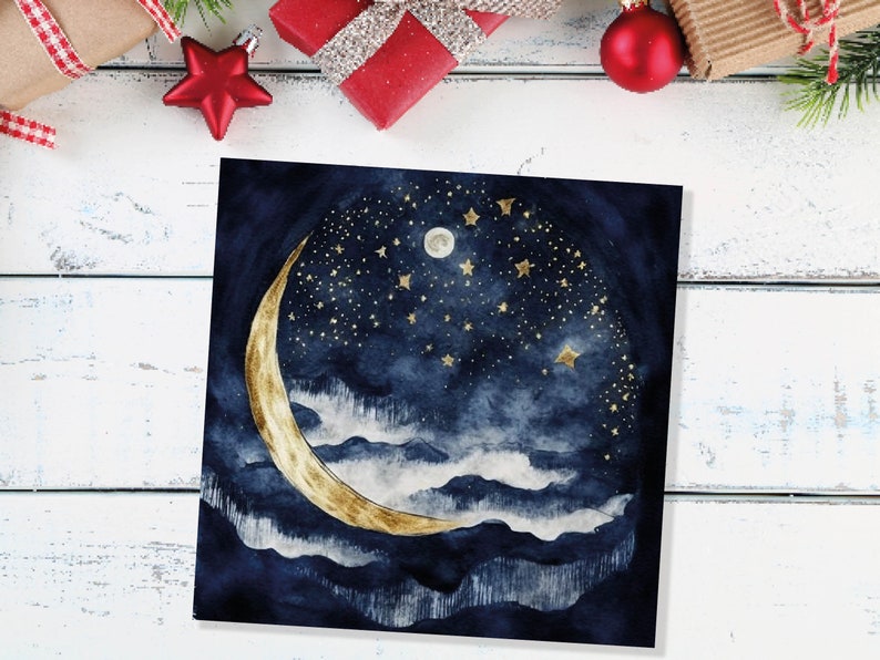 May include: A watercolour painting of a crescent moon with gold accents against a dark blue night sky with gold stars. The moon is surrounded by white clouds.