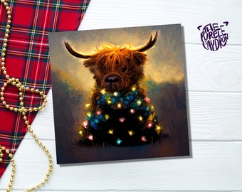 Highland Cow Christmas Card with Fairy Lights Funny Decorated Tree Scotland Painting Unique Whimsical Greetings For Family Friends Xmas 2025