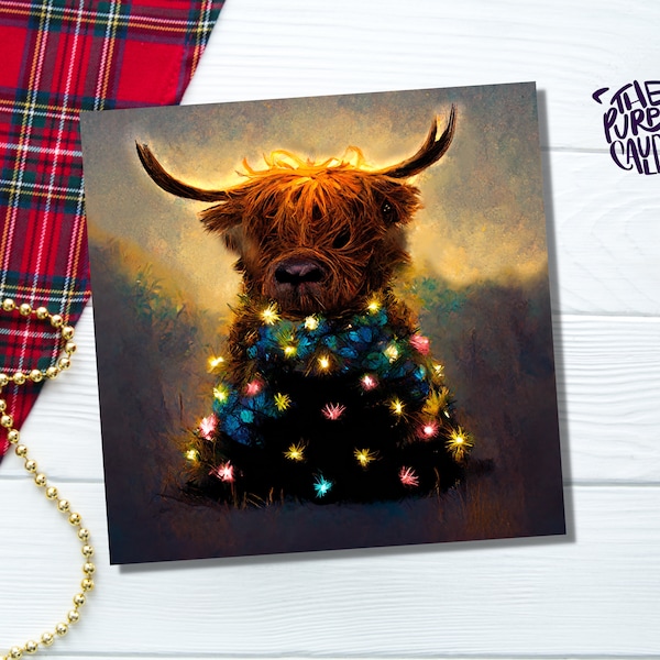 Highland Cow Christmas Card with Fairy Lights Funny Decorated Tree Scotland Painting Unique Whimsical Greetings For Family Friends Xmas 2023
