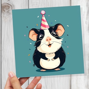 Carte d'anniversaire de cochon d'Inde, chapeau de fête, petits animaux de compagnie, petits animaux de compagnie, amoureux des animaux, salutations en noir et blanc pour les propriétaires de cavy