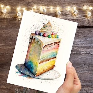 Cartão de bolo de aniversário arco-íris pintura em aquarela fatia feliz de bolo de esponja glacê cartão de felicitações para sua esposa mãe irmã melhor amiga família