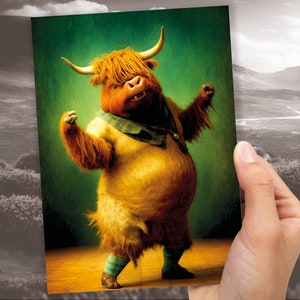 Highland Cow Celebrating Achievement Card Well Done Congrats Flexing Muscles Dancing Bodybuilding Pose Strength Encouragement You Got This