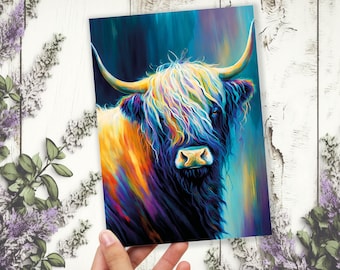 Colourful Art Scottish Highland Cow Greeting Card Pastel Drawing Birthday Thank You Friendship Scottish Cow Lovers Cards for Scots Scotland