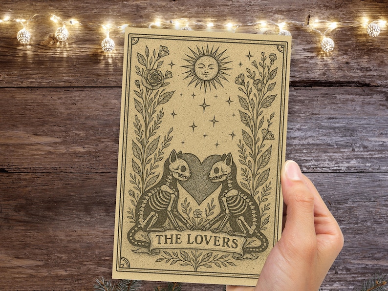 May include: A tan-colored tarot card featuring a sun with a smiling face, stars, and two cat skeletons facing each other over a heart. The card is framed by floral elements and the words "THE LOVERS" are at the bottom.