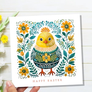 Vrolijk Pasen Kuikenkaart Leuke volkskunst Babyvogel Kaarten Pack voor familie en vrienden Bloemen lentebloemen Geel en groen Scandi Milieuvriendelijk