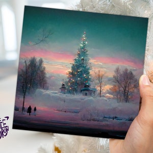 Pastell Weihnachtskarte Wunderliche impressionistische Winter-Schneeszene Schattierungen von Pink, Türkis und Lila 1, 5 oder 10 Pack Grüße Freunde Weihnachten 2025
