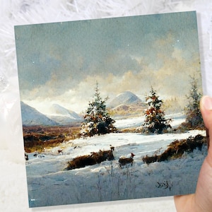 Winterszene Landschaftskarte mit verschneiten Hirschen Schottland Schneemalerei Einzigartige Traditionelle Grußkarten Für Familie Freunde Weihnachten 2025 Danke
