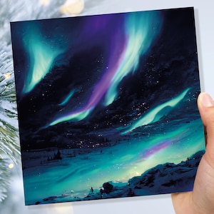 Polarlichter Karte Aurora Borealis Glühende Ski Pisten Verschneite Landschaft Glitzernder Schnee Nordhimmel Karten Für Familie Freunde Weihnachten 2025 Danke