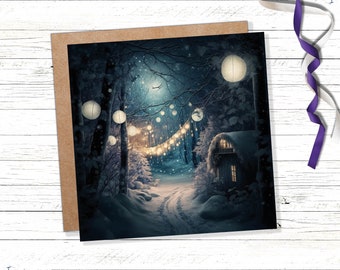 May include: A snowy forest scene with a small cabin and string lights. The lights are white paper lanterns hanging from the trees. The scene is lit by a full moon.
