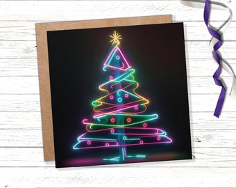 Neon Weihnachtsbaum Karte Glowing Lights Tube Beleuchtung Y2K Helle Farben Bunter Regenbogen Einzigartige Moderne Karten für Familie Freunde Weihnachten 2025
