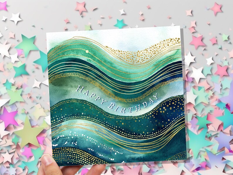 Ocean Birthday Card Luxury Watercolour Gold and Teal Waves Abstract ...