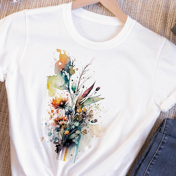 T-shirt fleurs sauvages aquarelle belle peinture abstraite en vrac motif floral désordonné fleurs feuilles feuille T-shirt féminin pour femme