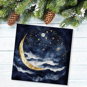 May include: A watercolour painting of a crescent moon with gold accents against a dark blue night sky with white clouds and gold stars.