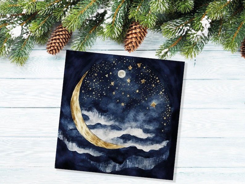 May include: A watercolour painting of a crescent moon with gold accents against a dark blue night sky with white clouds and gold stars.
