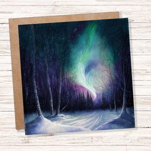 Verzauberte Polarlichter Dankeskarte Wald Schnee Szene Grün Lila Aurora Borealis Nordlicht Swirl Für Familie Freunde Weihnachtskarte